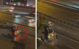 Görüntüler İstanbul’dan! Kadın polis arızalanan midibüsü böyle itti