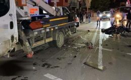İnegöl’de feci kaza! Motosiklet ile sepetli vinç çarpıştı